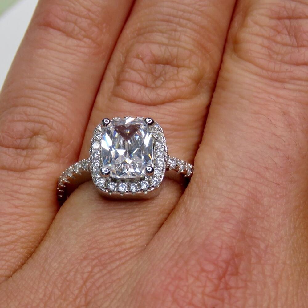 Macy's Square Cut Sterling Silver Moissanite Diamond Halo Ring S925 Size 8